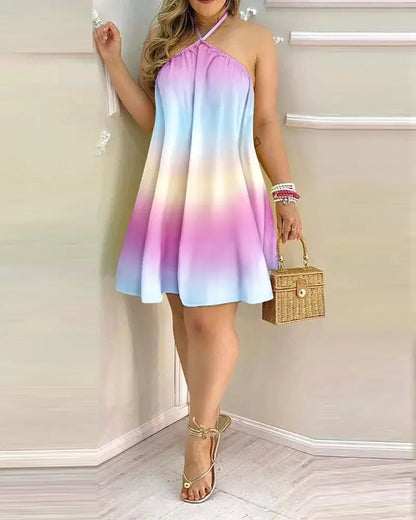 Women's Tropical Leaf Print Halter Neck Mini Dress – Sleeveless Backless Beach Sundress