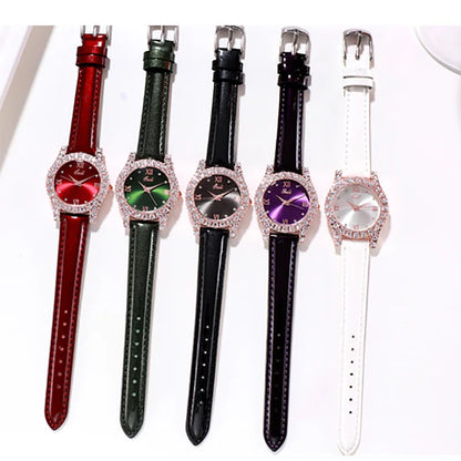 Elegant Rhinestone Leather Strap Quartz Watch