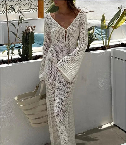 Women's Deep V-Neck Backless Knit Beach Cover-Up Dress