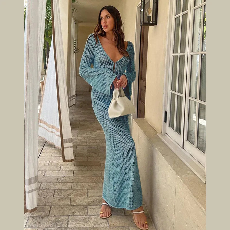 Women's Deep V-Neck Backless Knit Beach Cover-Up Dress