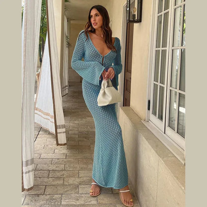 Women's Deep V-Neck Backless Knit Beach Cover-Up Dress