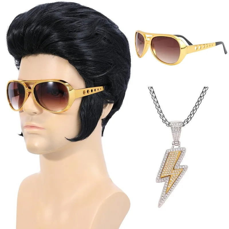 4pcs 50s Rocker Costume Set with Wig, Sunglasses & Lightning Necklace