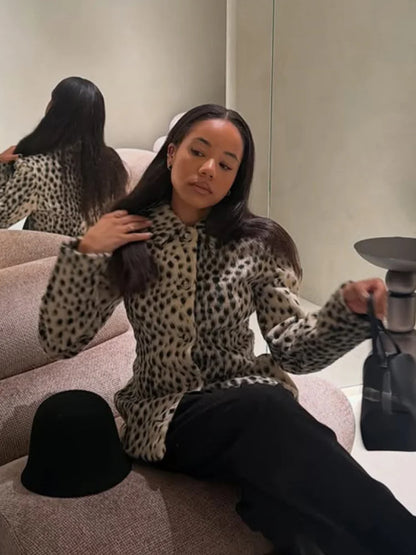 Women’s Leopard Print Short Furry Jacket with Lapel Collar