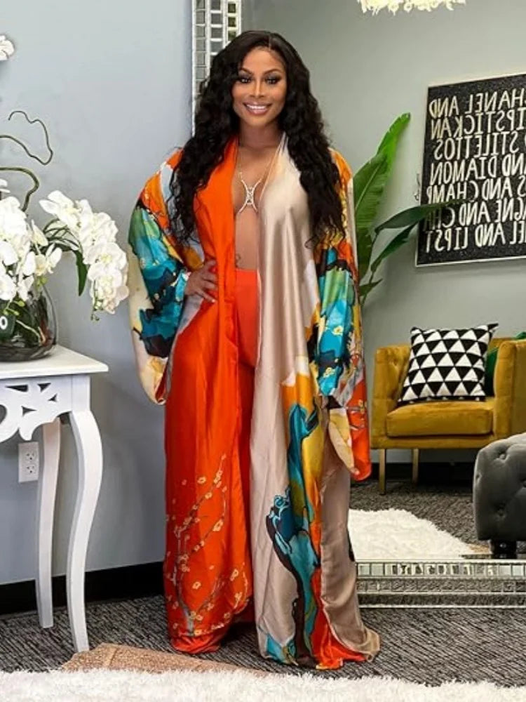 Long Floral Patterned Silky Open Front Swimwear Cover-Up