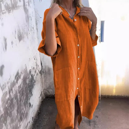 Women's Casual Loose Cotton Linen Solid Color Dress with Pockets