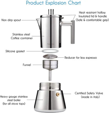 Easyworkz Diego Stovetop Espresso Maker Stainless Steel Italian Coffee Machine