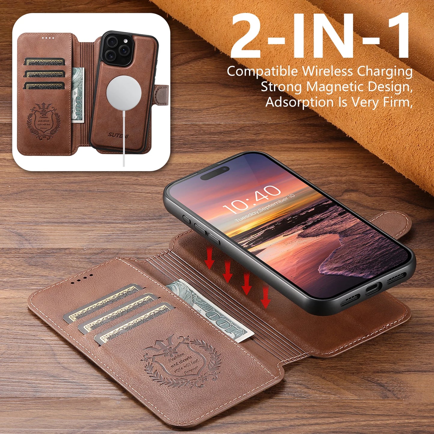 Faux Leather Wireless Charging Card Holder For iPhone