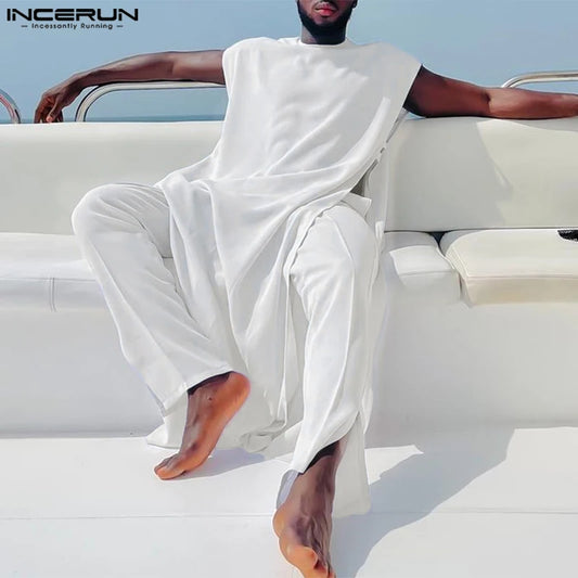 INCERUN Men's Sleeveless Kaftan Jubba Thobe & Pants 2-Piece Set
