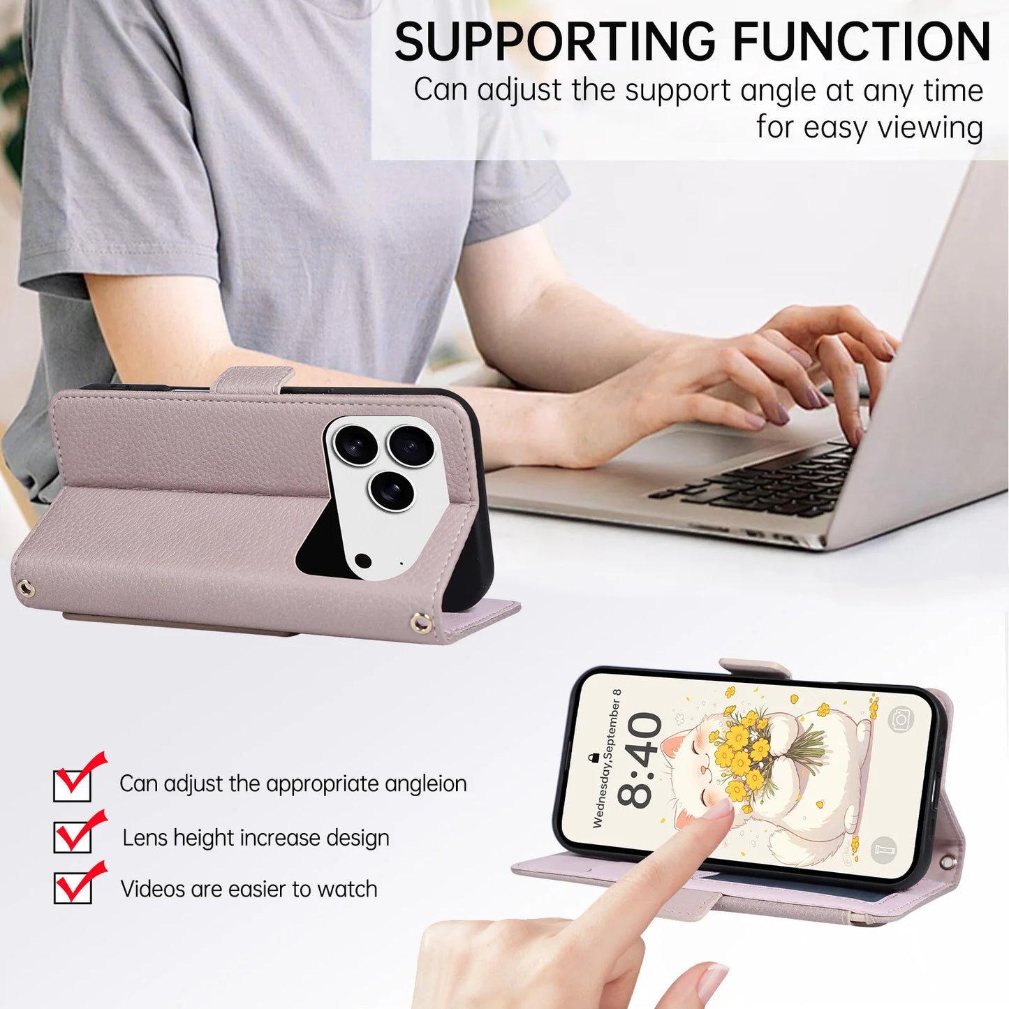 Cat Shape Litchi Leather Flip Wallet Phone Case with Mirror for iPhone