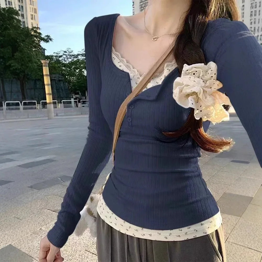 Women's Pink Floral Lace Fake Two-Piece Long Sleeve Top
