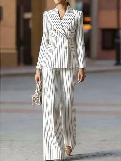 Women's Elegant Striped Double-Breasted Blazer & Wide-Leg Pants 2-Piece Suit Set