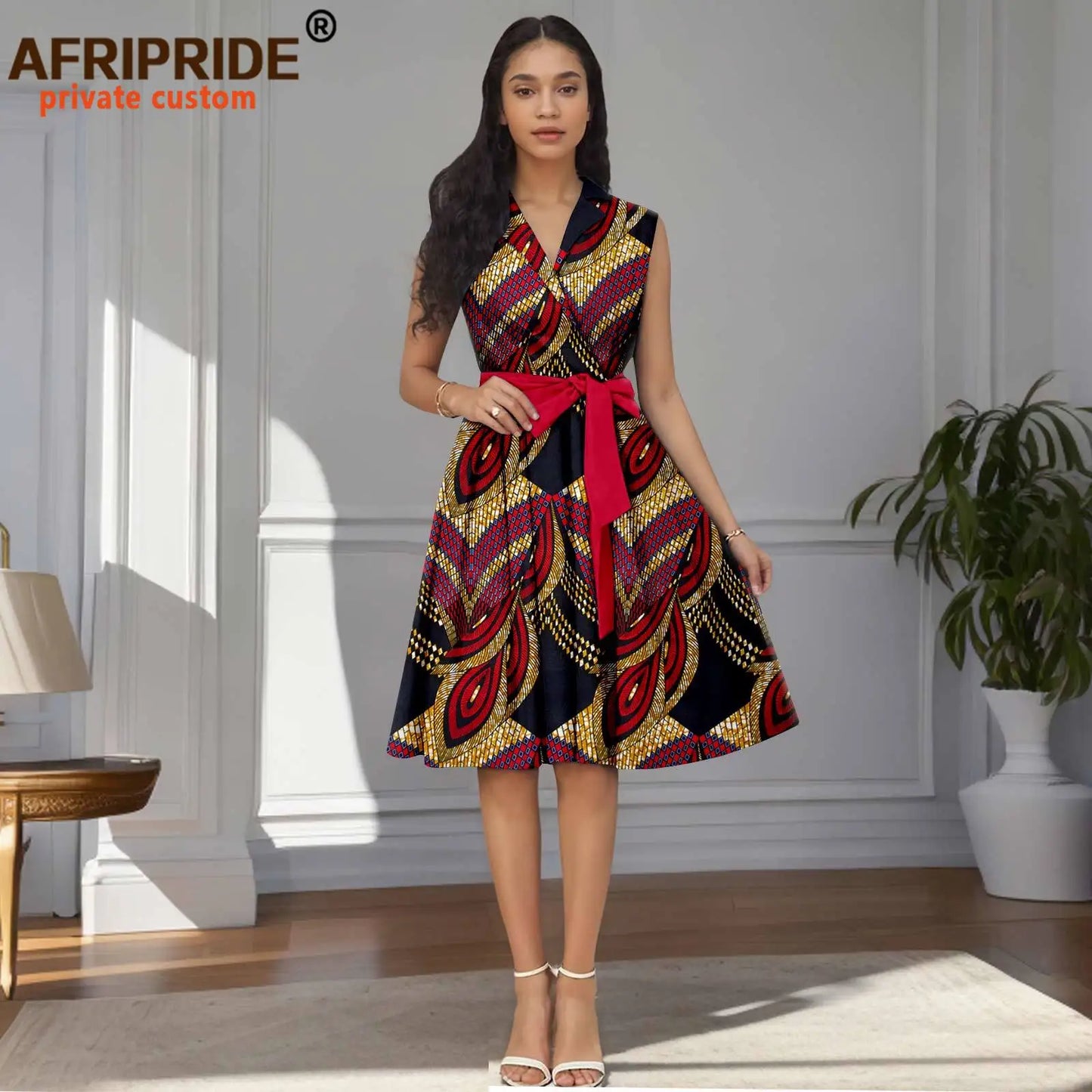 Designer Print Sleeveless High Waist Dress with Sash