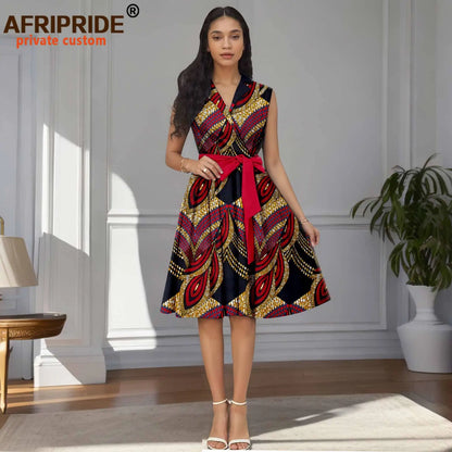 Designer Print Sleeveless High Waist Dress with Sash