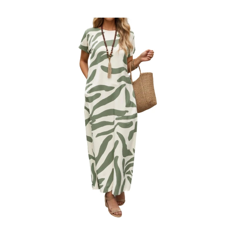 Women's Striped Casual O-Neck Maxi Dress with Pockets