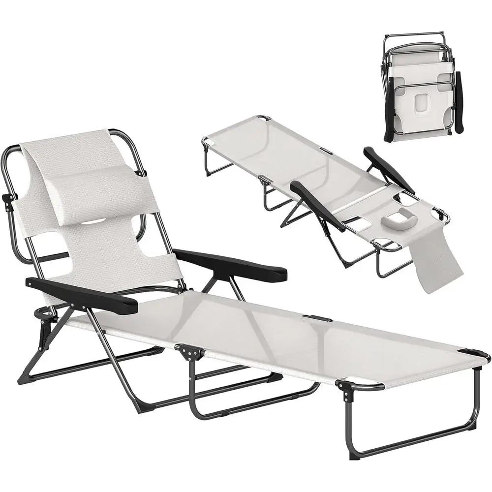 4-Position Adjustable Beach Chaise Lounge Chair with Pillow Rest