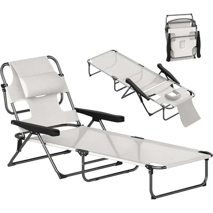 4-Position Adjustable Beach Chaise Lounge Chair with Pillow Rest