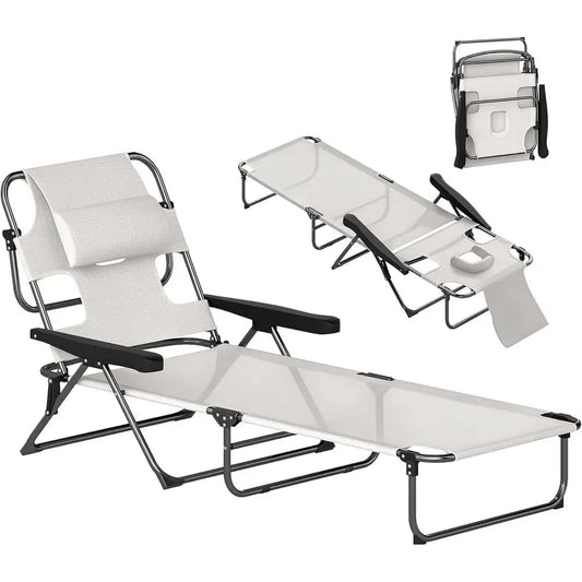 4-Position Adjustable Beach Chaise Lounge Chair with Pillow Rest