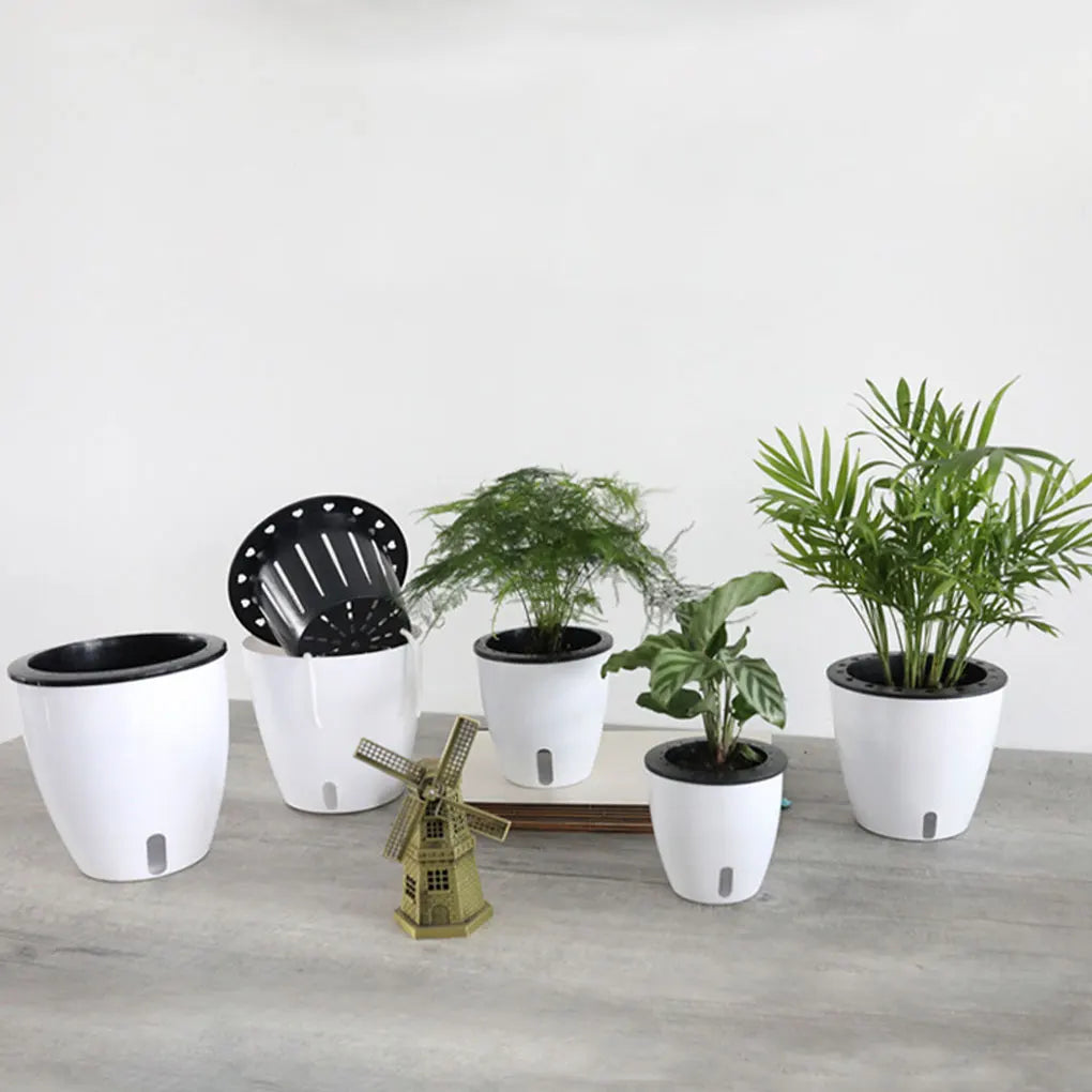 Self-Watering White Plastic Planter Pot (13x13cm)