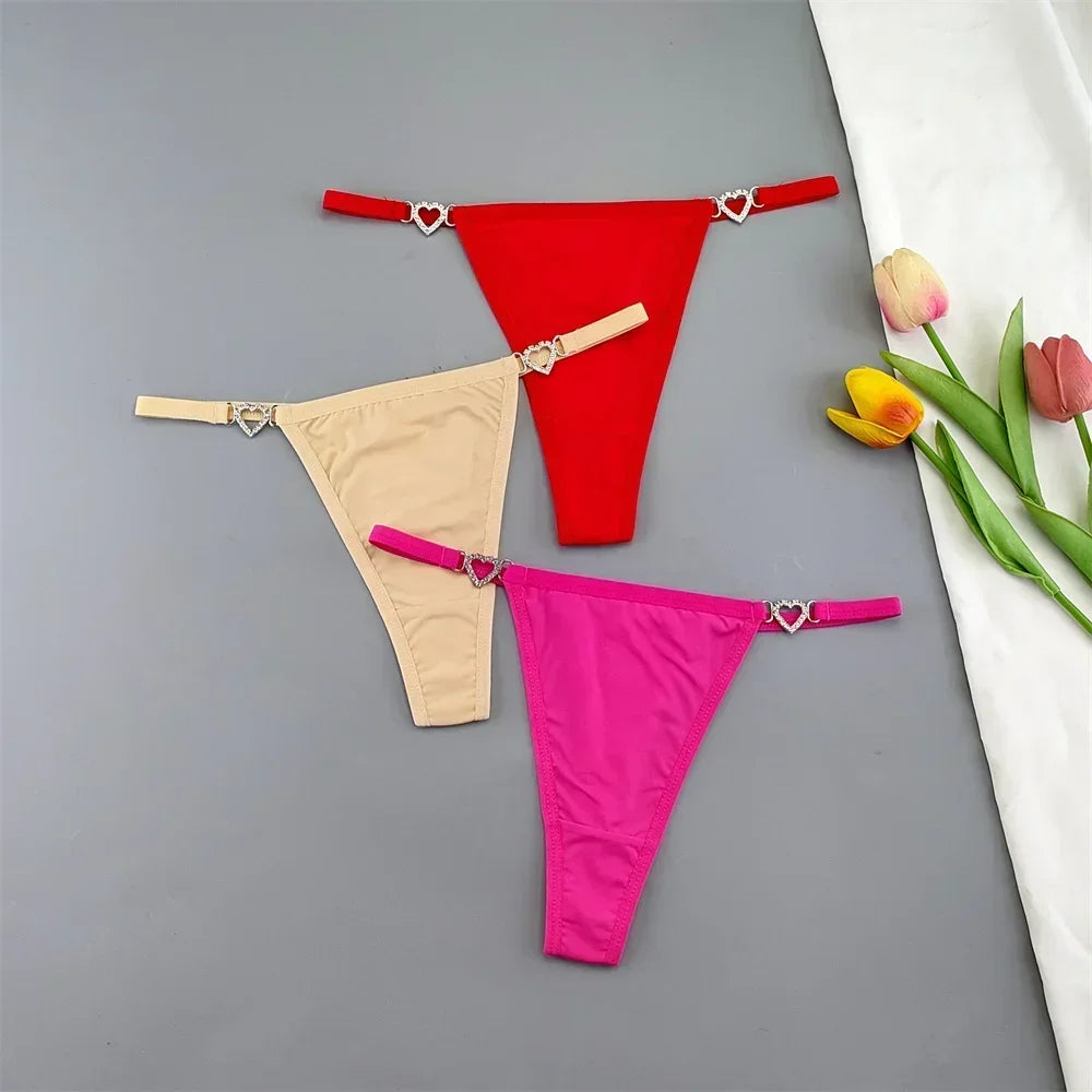 3Pcs Women's Seamless Ice Silk Thong Set - Low Waist Thin Strap G-String Panties with Rhinestone Buckle