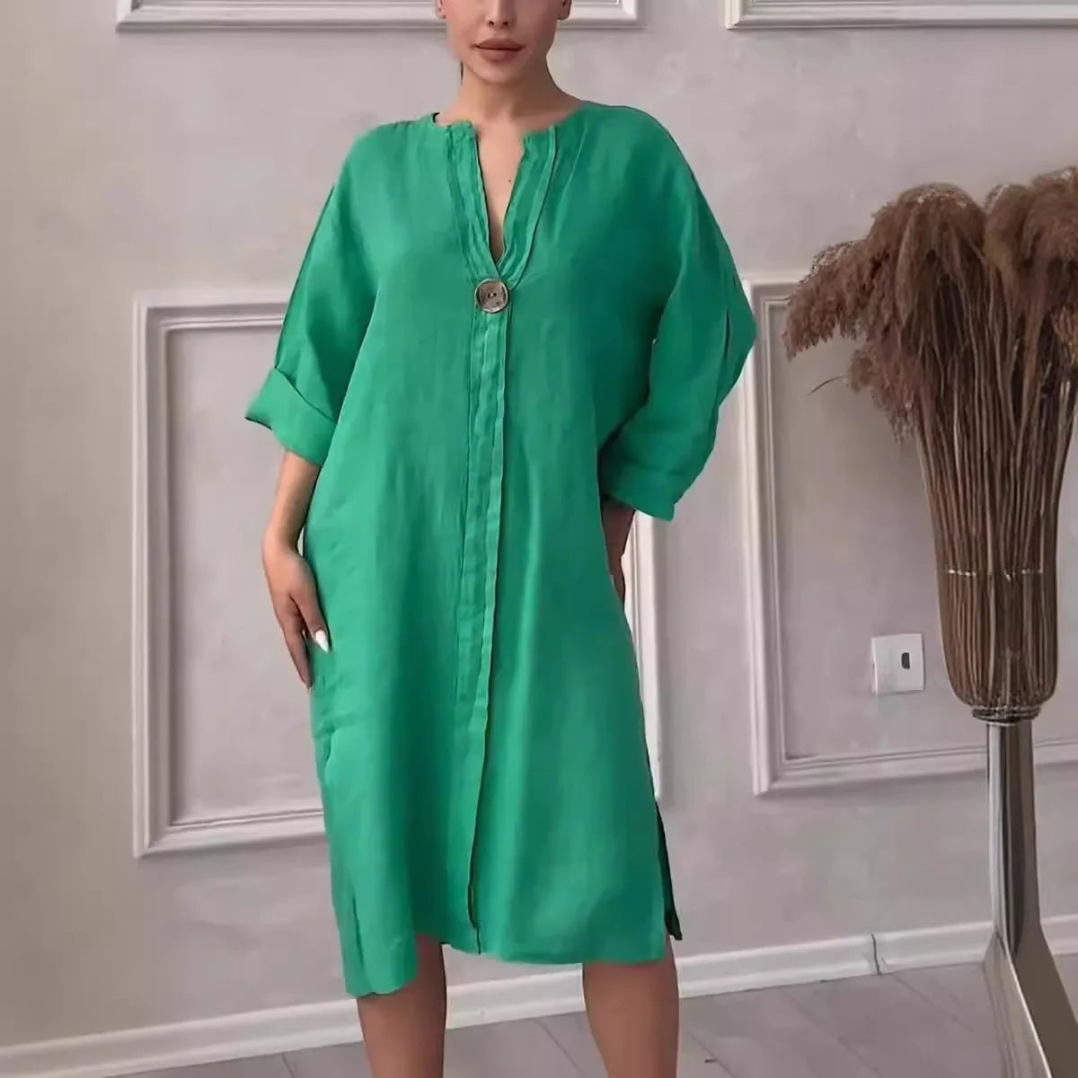 Long Sleeve Linen Solid Color Dress