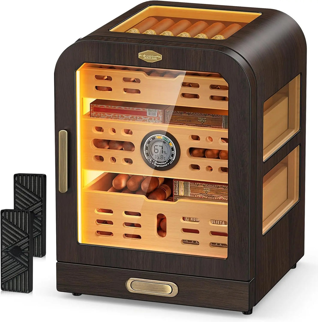 120 Cigar Capacity Cedar Wood Cigar Cabinet with LED Lighting System, Digital Thermometer and 2 Humidifiers