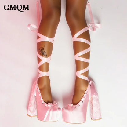 Women's Elegant Lolita Silk Ribbon Chunky High Heel Shoes
