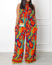 Mock Neck Sleeveless Pocketed Abstract Print Wide Leg Jumpsuit