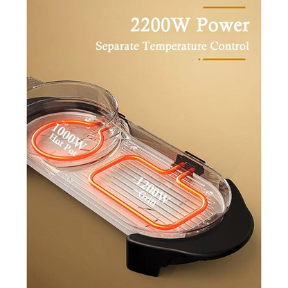 Electric Hot Pot with Grill 2 in 1 Shabu Shabu Korean BBQ Large Capacity Removable Pot