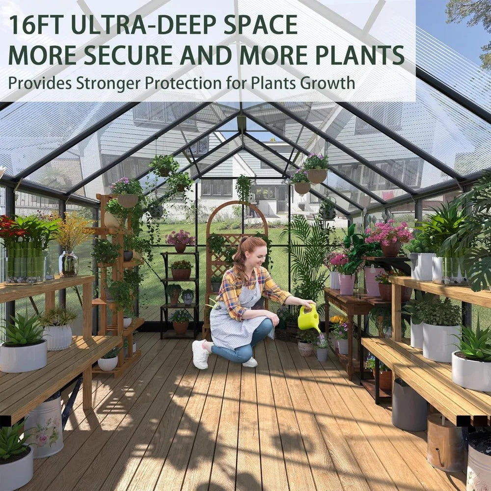 8x16Ft Polycarbonate Greenhouses with 4 Adjustable Roof Vents