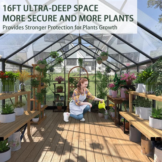 8x16Ft Polycarbonate Greenhouses with 4 Adjustable Roof Vents