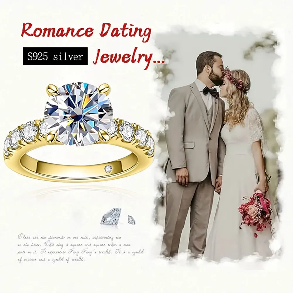 S925 Sterling Silver Round Cut Moissanite Engagement Ring – 3.5CT Golden Accent