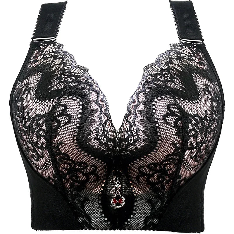 Plus Size Push Up Lace Bra - Full Coverage Underwire Lingerie with Wide Side Wings