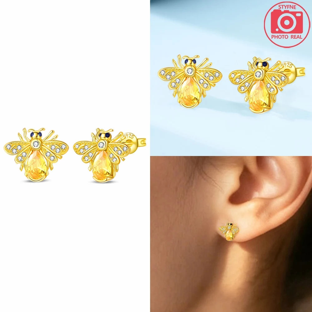 925 Sterling Silver Dancing Bee Hoop Earrings – Cute Enamel Zircon Jewelry