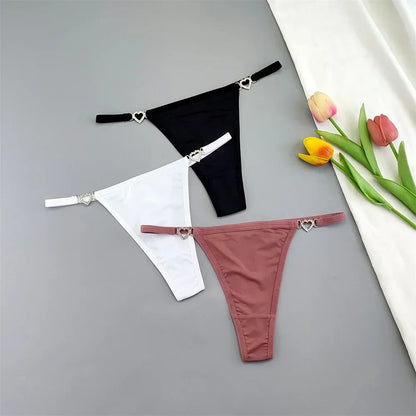 3Pcs Women's Seamless Ice Silk Thong Set - Low Waist Thin Strap G-String Panties with Rhinestone Buckle