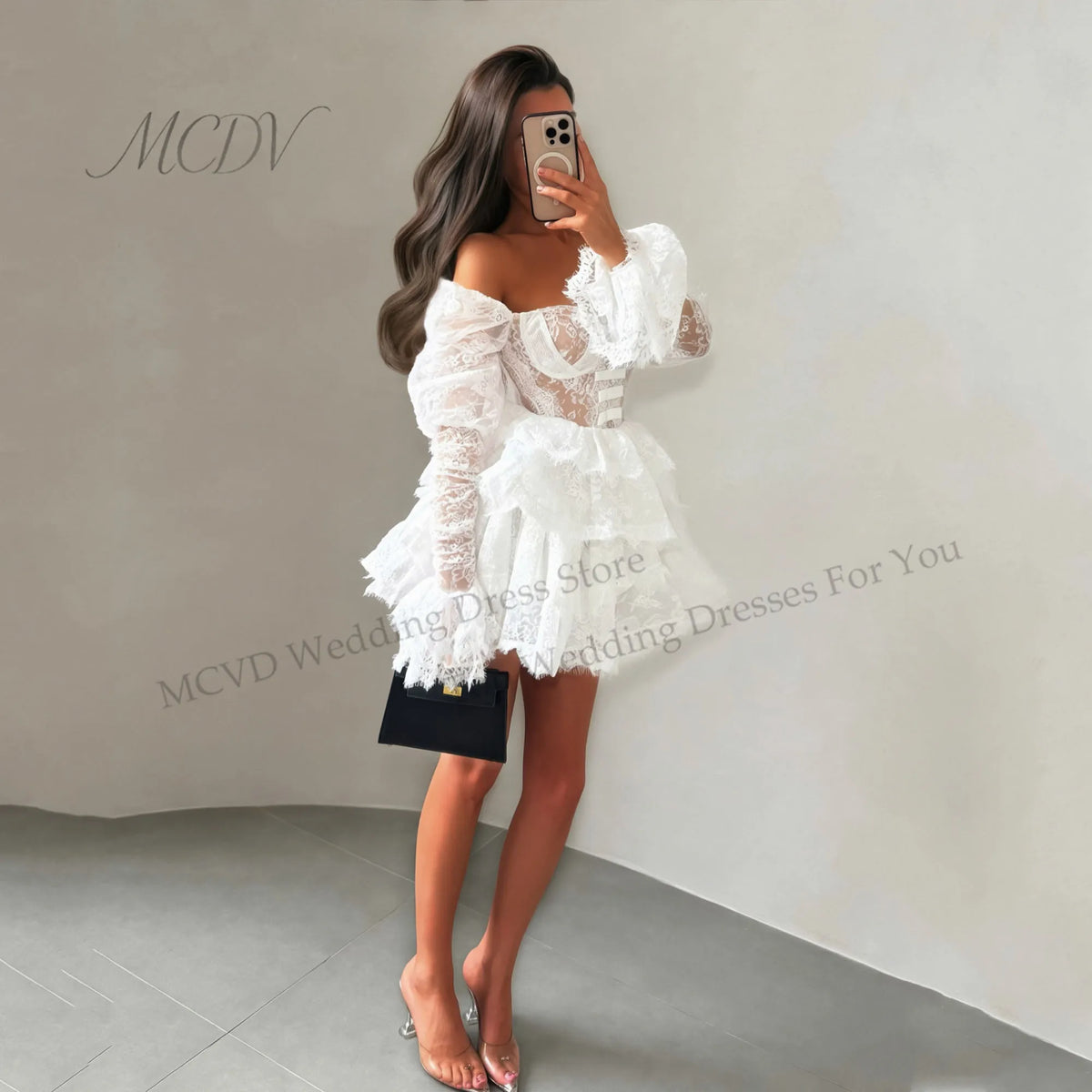 Elegant Off-The-Shoulder Lace & Tulle Mini Bridal Dress