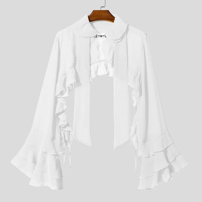 INCERUN Men's Solid Color Chiffon See-Through Ruffle Cardigan Shirt