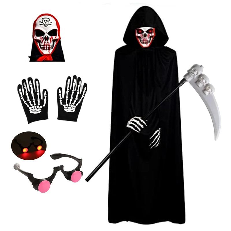 Kids' Grim Reaper Costume – Red-Eyed Hooded Robe with Glowing Glasses & Scythe Set