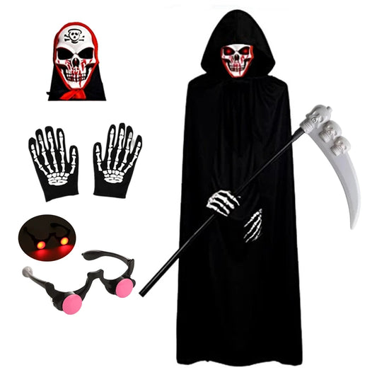 Kids' Grim Reaper Costume – Red-Eyed Hooded Robe with Glowing Glasses & Scythe Set