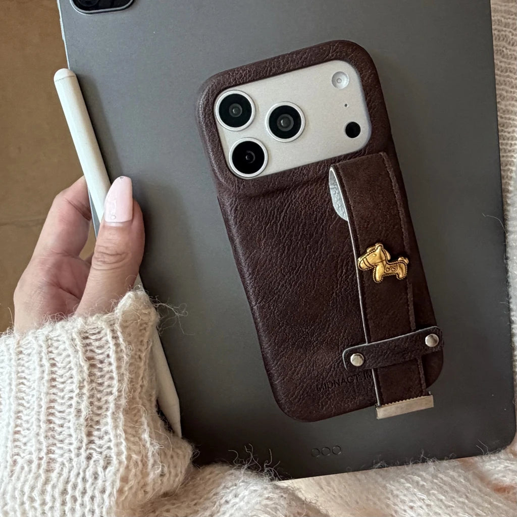 Retro Leather Texture iPhone Case with Wristband Strap & Card Holder