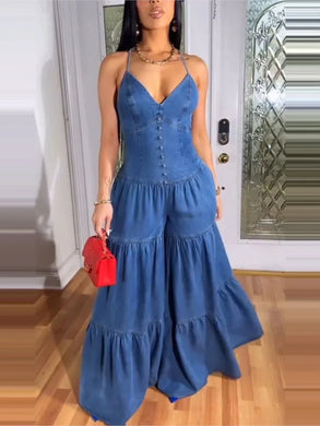 V-neck Strap Sleeveless Wide Leg Jumpsuit