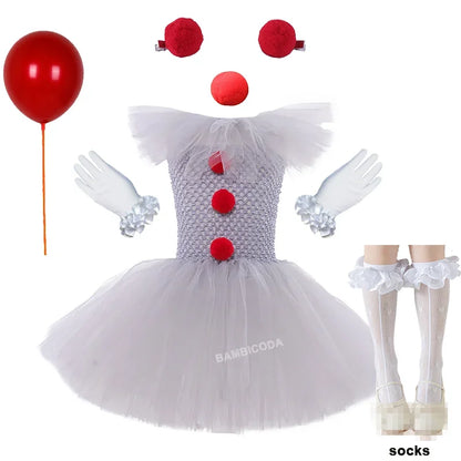 Girls' Pennywise Halloween Costume Dress Set - Creepy Clown Tutu Outfit for Kids