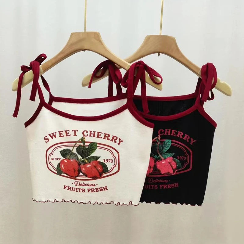 Cherry Print Crop Tank Top - Slim Fit Bow Camisole