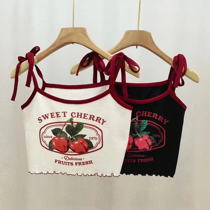 Cherry Print Crop Tank Top - Slim Fit Bow Camisole