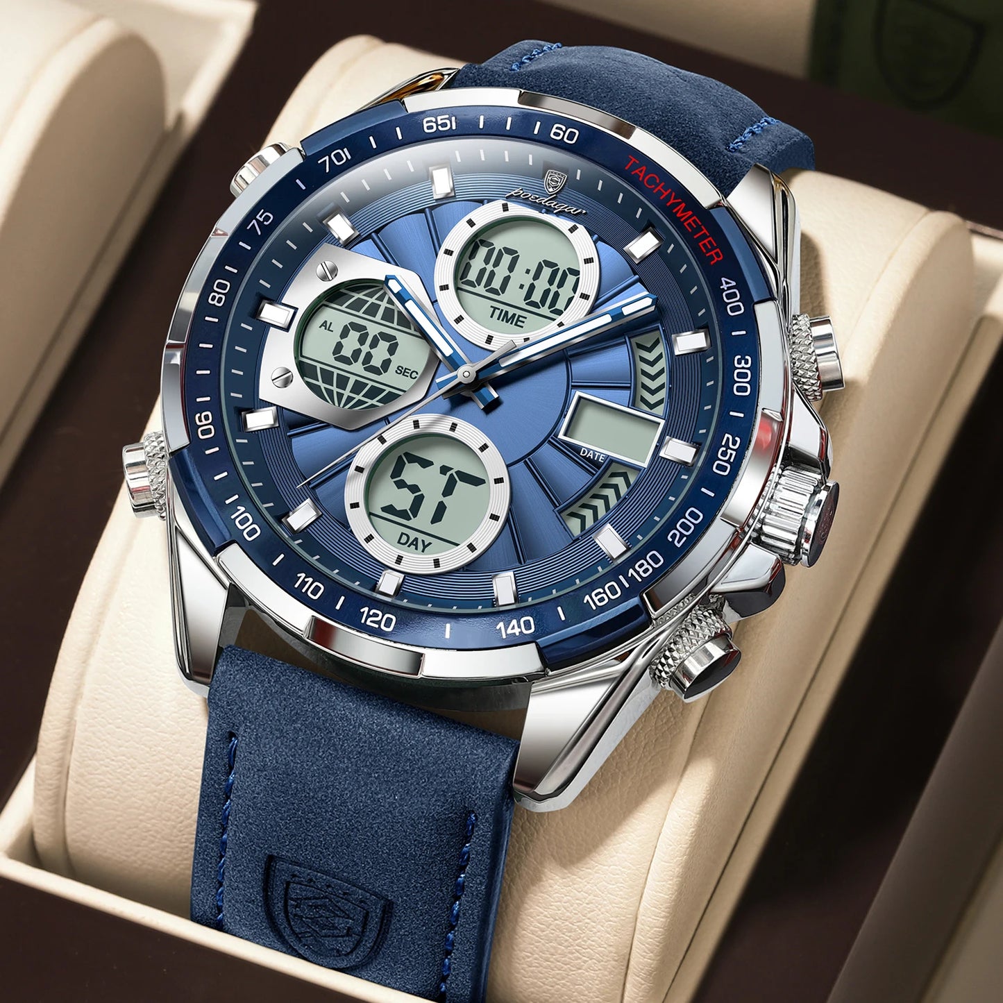 POEDAGAR LED Luminous Dual Time Display Digital Quartz Watch