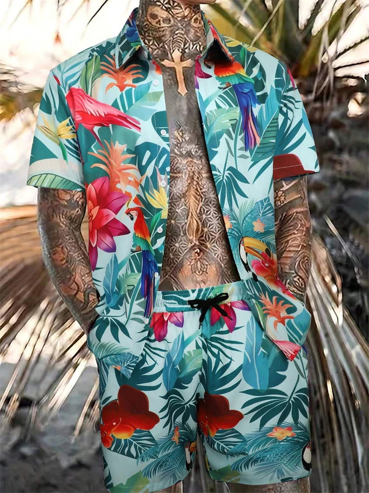 Hawaiian Print Short-Sleeved Shirt & Shorts Set