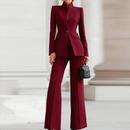 Women's 2-Piece V-Neck Single-Button Blazer & Wide-Leg Pants Suit Set
