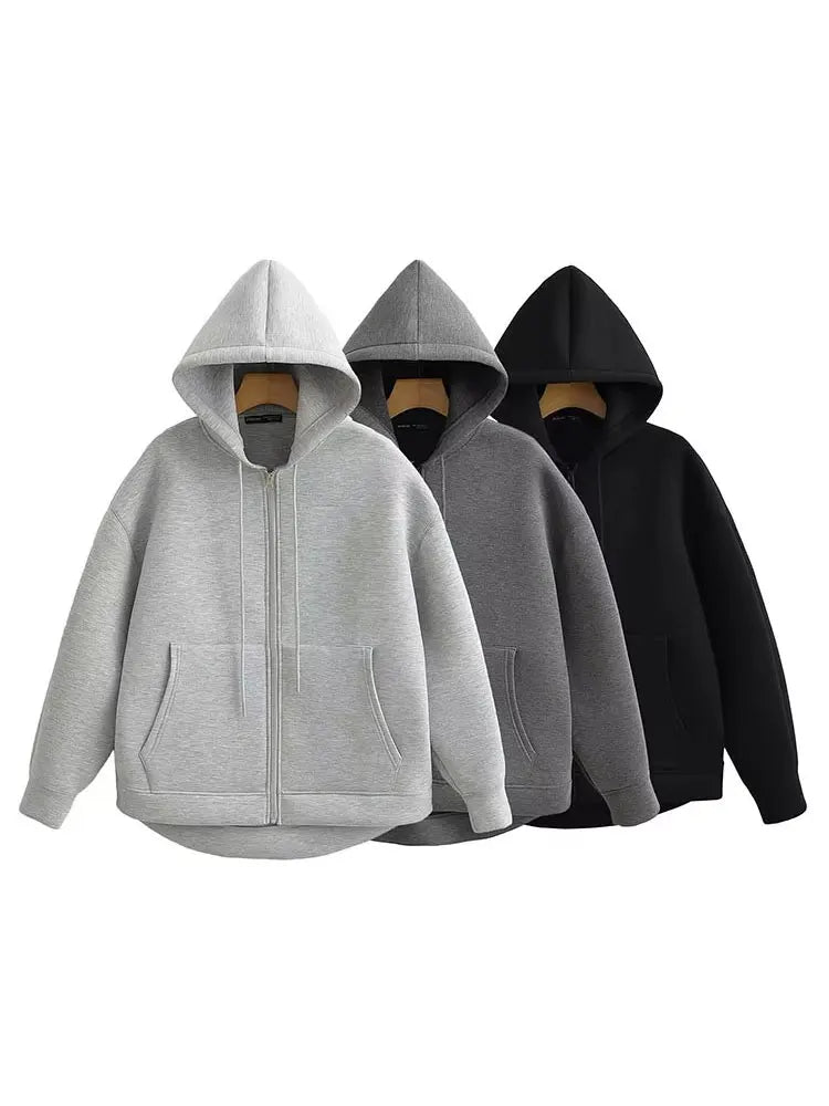 Women's Casual Loose Hooded Zip-Up Jacket with Big Pockets