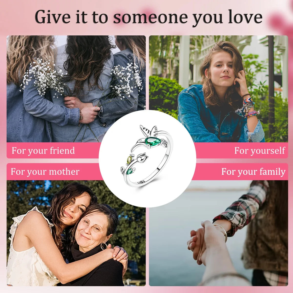 MULA 925 Sterling Silver Tulip Hummingbird Adjustable Ring