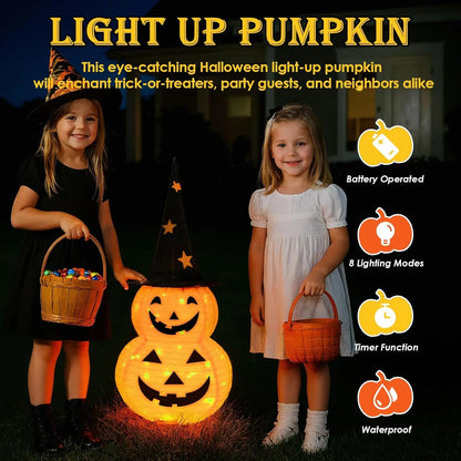 3FT Light-Up Stacked Jack-O'-Lantern Pumpkin - Collapsible Halloween Decor with 50 LED Lights & 8 Lighting Modes