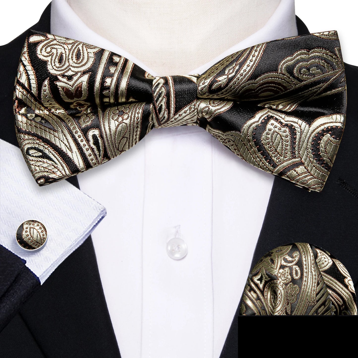 Barry.Wang Silk Bow Tie Hanky Cuffs Set